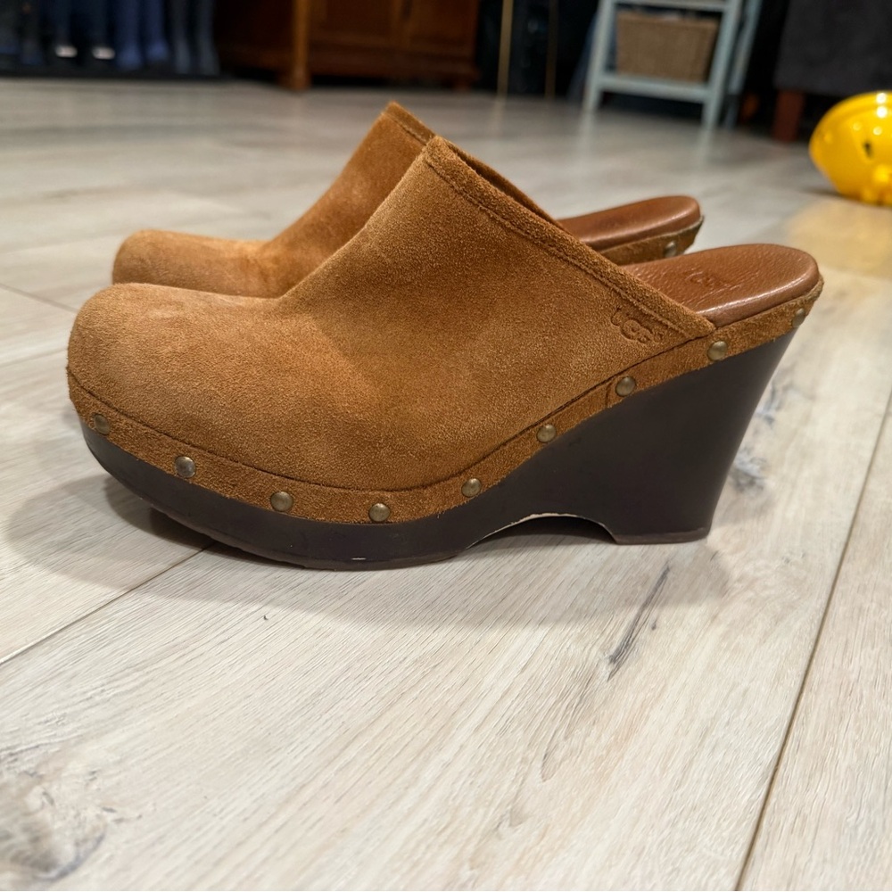 UGG Brown Suede Mules with Dark Wedge